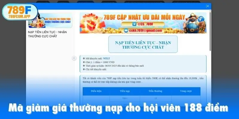 Mã giảm giá thưởng nạp cho hội viên 188 điểm